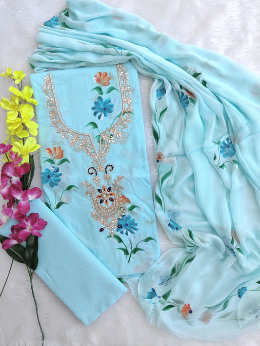 FLORAL PRINTED COTTON GOTA PATTI SUIT WITH CHIFFON DUPATTA