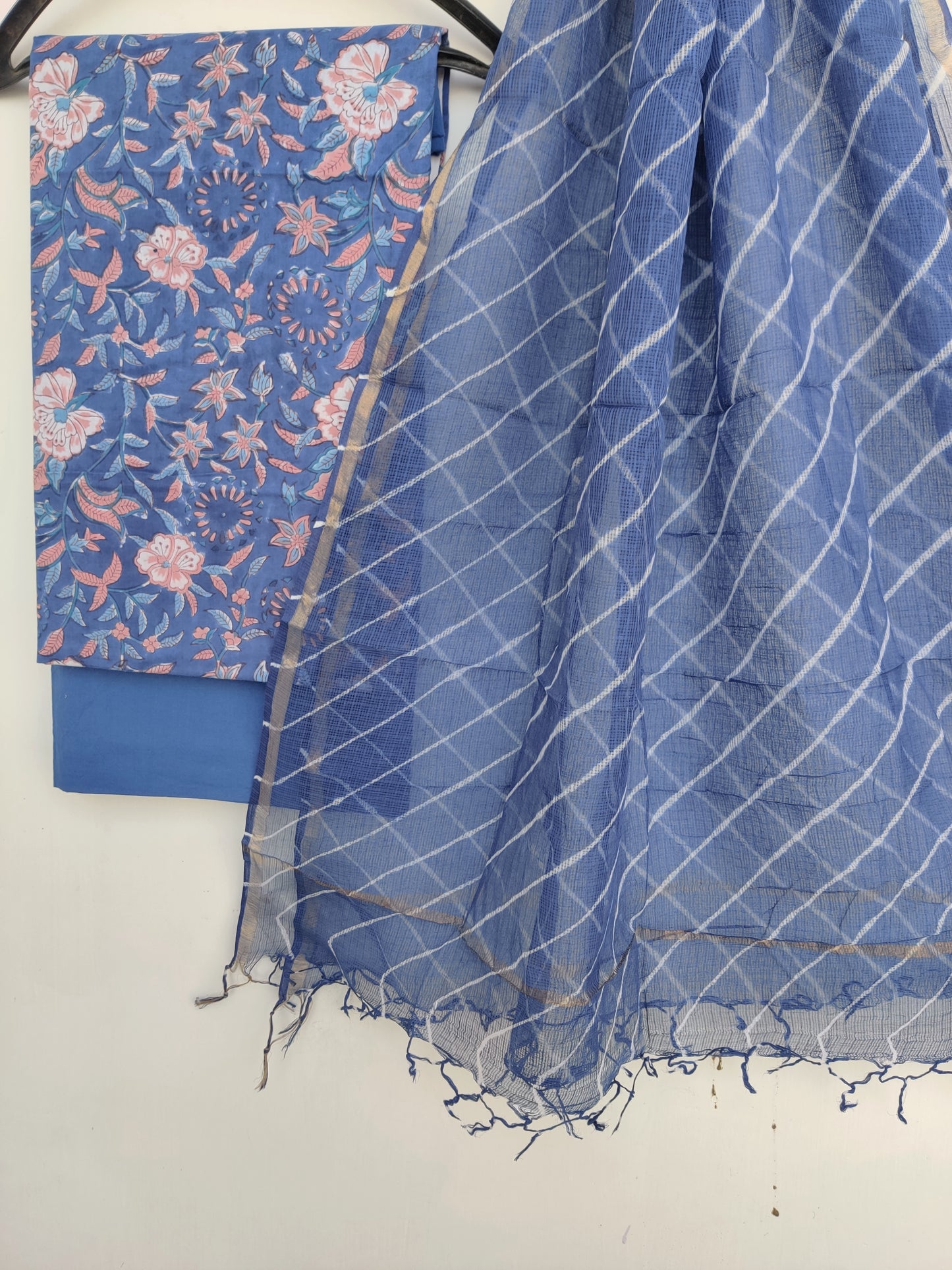 BLOCK PRINTED COTTON SUIT WITH LEHRIYA KOTA DORIA DUPATTA