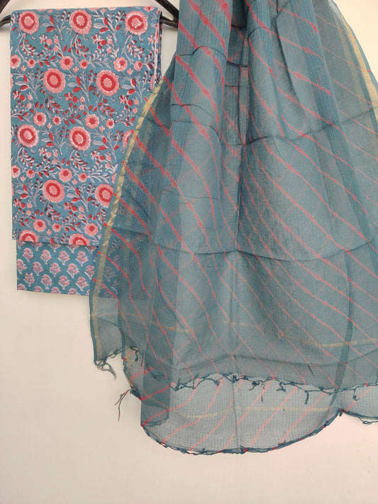 BLOCK PRINTED COTTON SUIT WITH LEHRIYA KOTA DORIA DUPATTA