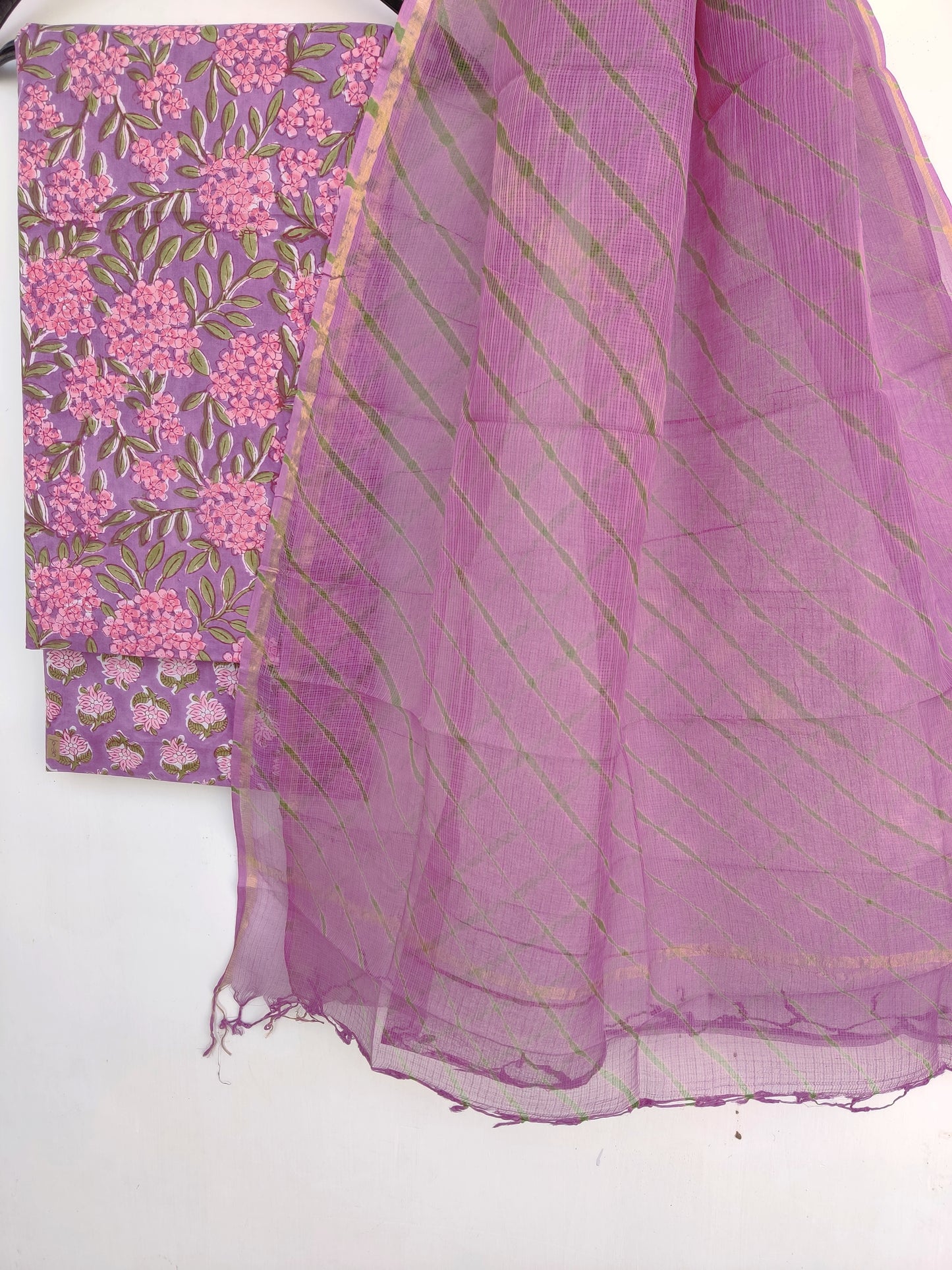 BLOCK PRINTED COTTON SUIT WITH LEHRIYA KOTA DORIA DUPATTA