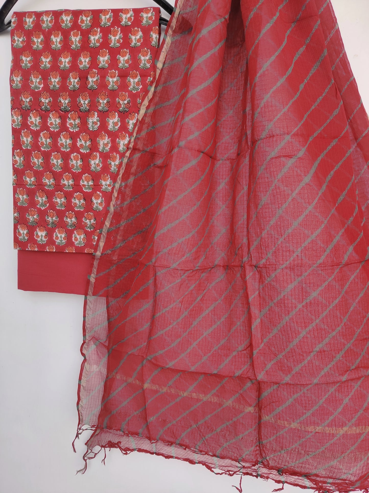 BLOCK PRINTED COTTON SUIT WITH LEHRIYA KOTA DORIA DUPATTA