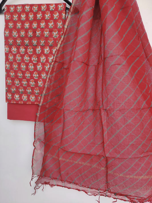 BLOCK PRINTED COTTON SUIT WITH LEHRIYA KOTA DORIA DUPATTA