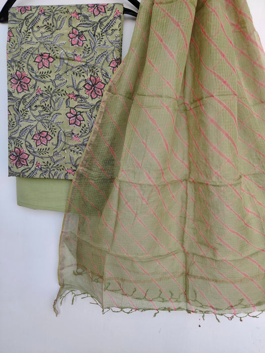 BLOCK PRINTED COTTON SUIT WITH LEHRIYA KOTA DORIA DUPATTA