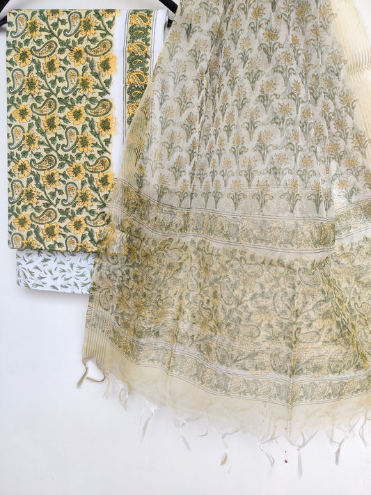 Hand Block Printed Cotton Suit with Organza dupatta