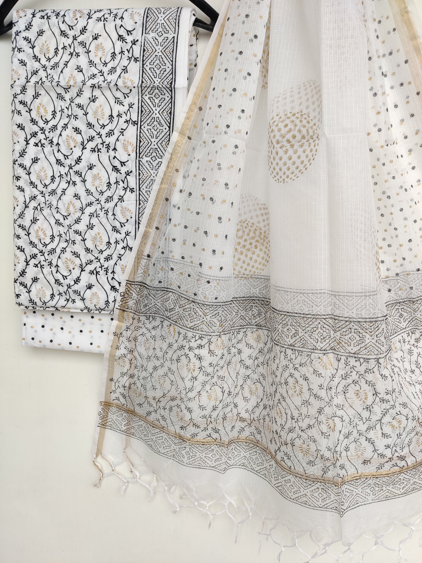(KHADI GOLD) Hand Block Printed Cotton Suit with Cotton Kota Doria dupatta