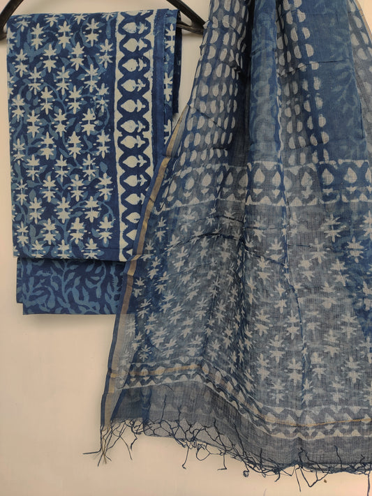 (INDIGO) Hand Block Printed Cotton Suit with Cotton Kota Doria dupatta