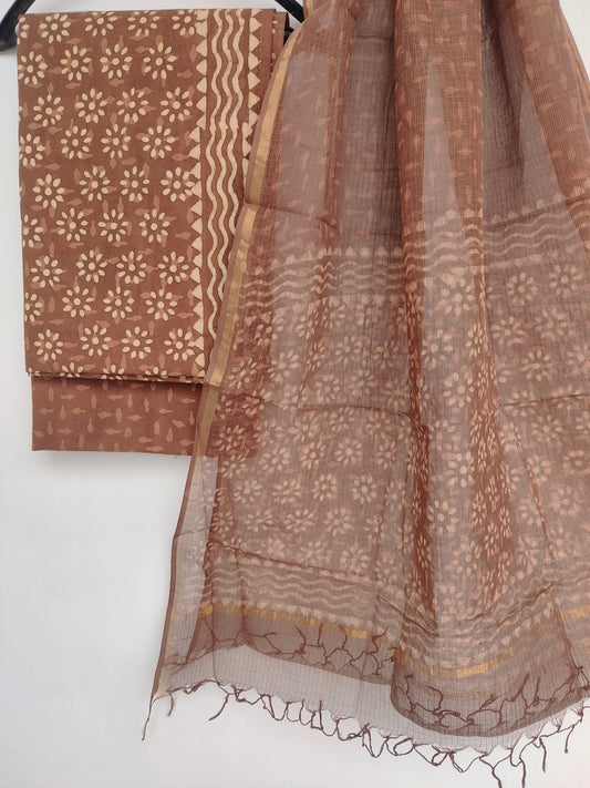 (DABU) Hand Block Printed Cotton Suit with Cotton Kota Doria dupatta