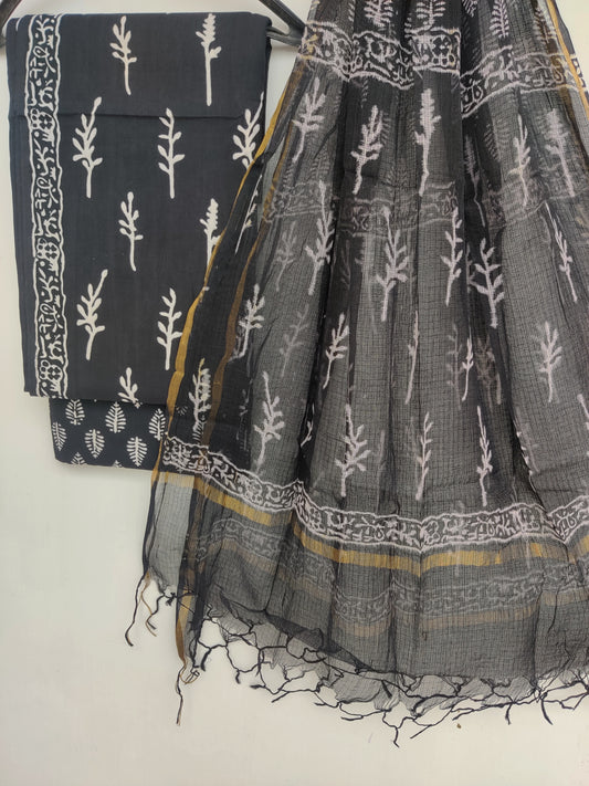 Hand Block Printed Cotton Suit with Cotton Kota Doria dupatta