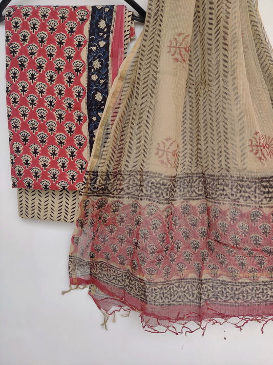 (KALAMKARI Hand Block Printed Cotton Suit with Cotton Kota Doria dupatta