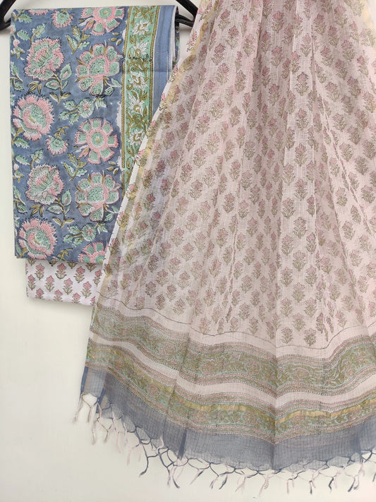 Hand Block Printed Cotton Suit with Cotton Kota Doria dupatta