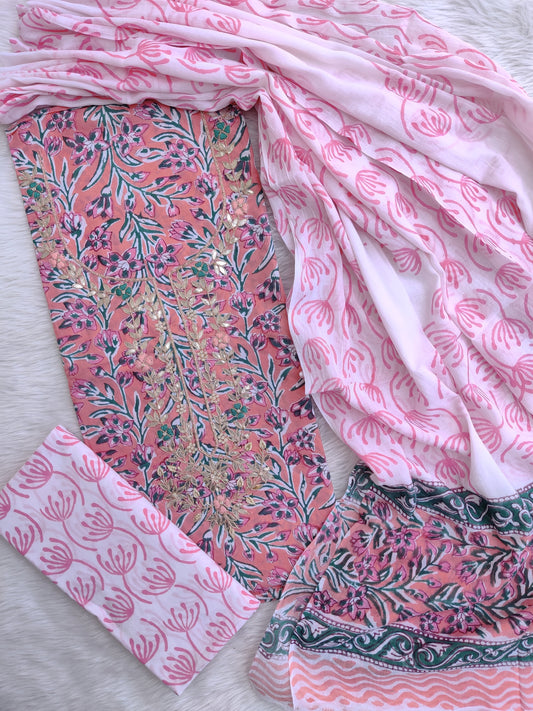 FLORAL PRINTED COTTON GOTA PATTI SUIT WITH COTTON DUPATTA