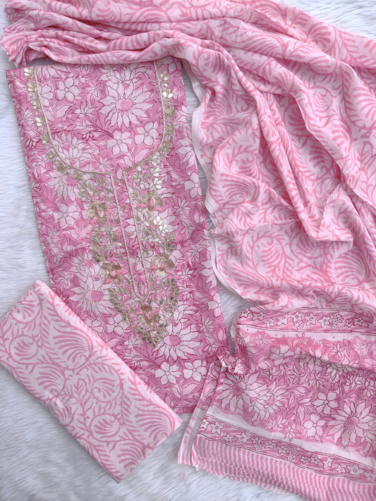 FLORAL PRINTED COTTON GOTA PATTI SUIT WITH COTTON DUPATTA