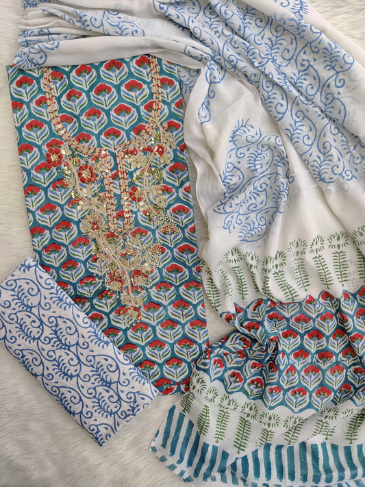 FLORAL PRINTED COTTON GOTA PATTI SUIT WITH COTTON DUPATTA