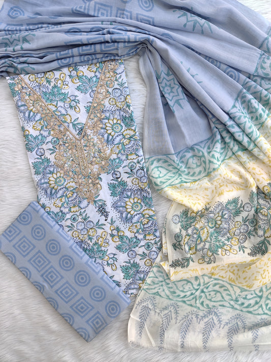 FLORAL PRINTED COTTON GOTA PATTI SUIT WITH COTTON DUPATTA