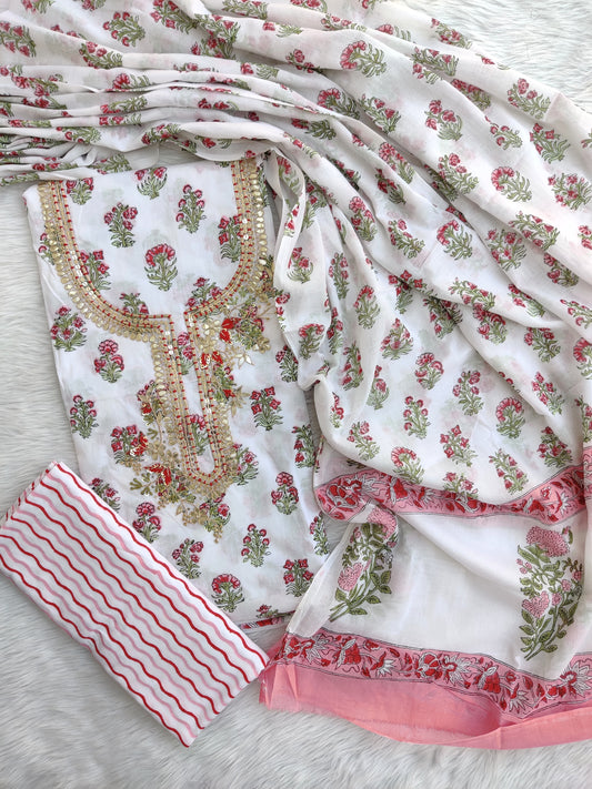 FLORAL PRINTED COTTON GOTA PATTI SUIT WITH COTTON DUPATTA