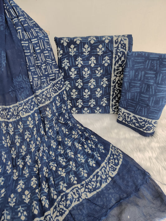 (INDIGO BLUE) HAND BLOCK PRINTED COTTON SUIT WITH PURE CHIFFON DUPATTA