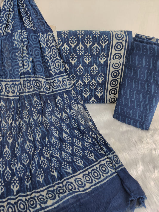 (INDIGO BLUE) HAND BLOCK PRINTED COTTON SUIT WITH PURE CHIFFON DUPATTA
