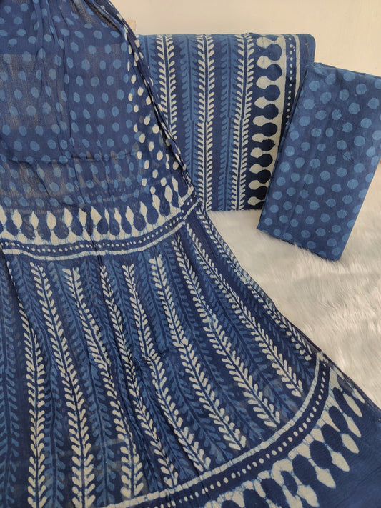 (INDIGO BLUE) HAND BLOCK PRINTED COTTON SUIT WITH PURE CHIFFON DUPATTA