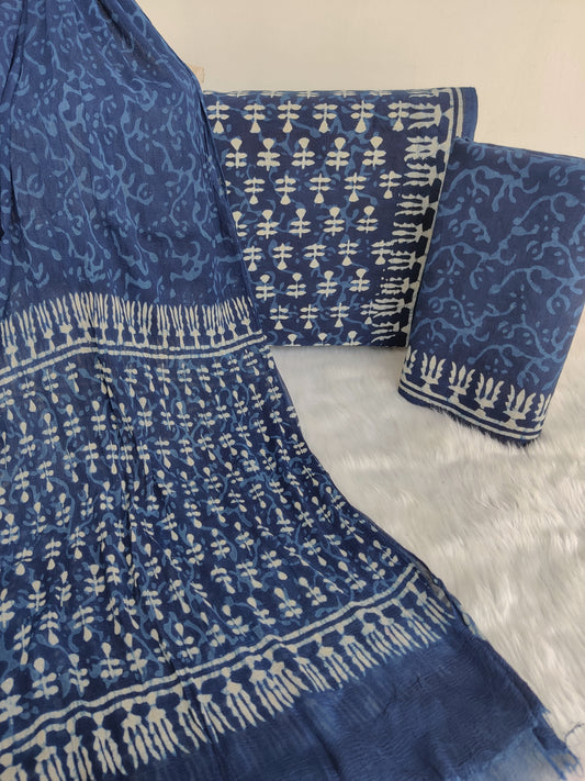 (INDIGO BLUE) HAND BLOCK PRINTED COTTON SUIT WITH PURE CHIFFON DUPATTA