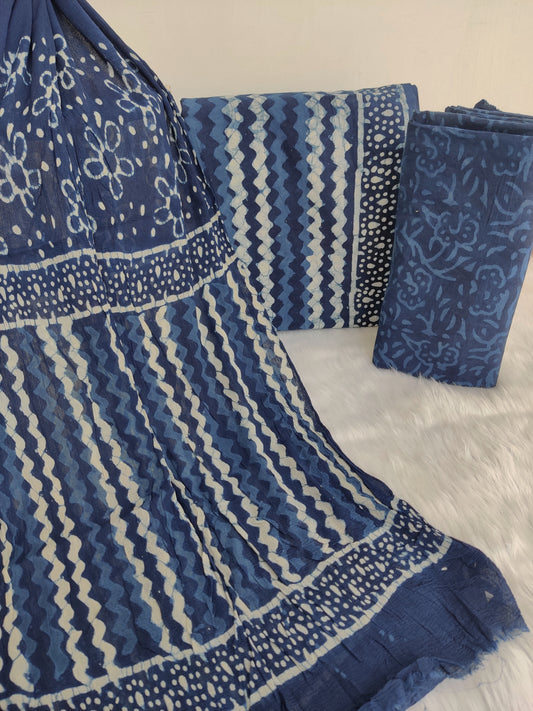 (INDIGO BLUE) HAND BLOCK PRINTED COTTON SUIT WITH PURE CHIFFON DUPATTA