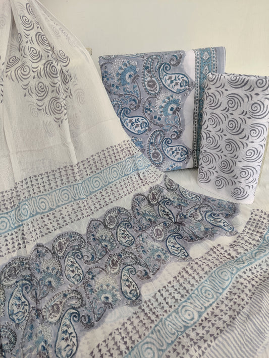 HAND BLOCK PRINTED COTTON SUIT WITH PURE CHIFFON DUPATTA