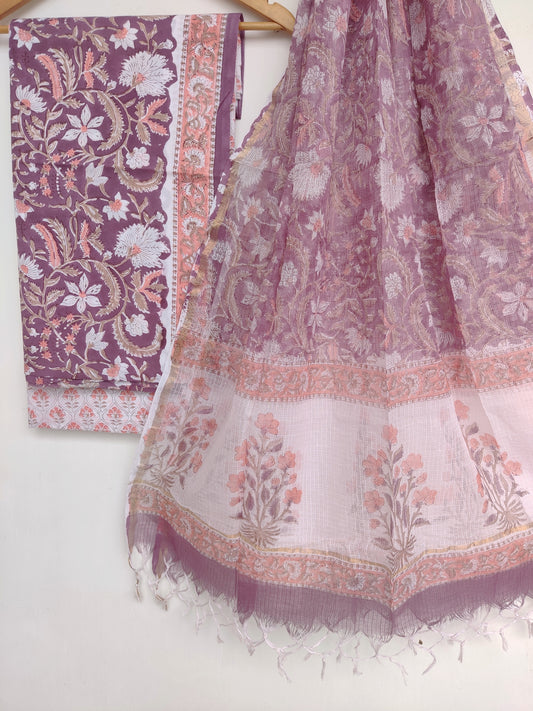 Hand Block Printed Cotton Suit with Cotton Kota Doria dupattaa
