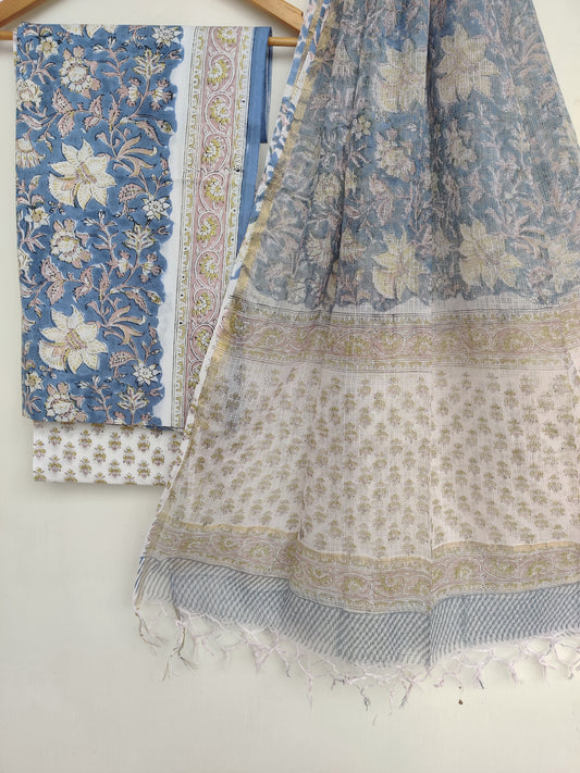 Hand Block Printed Cotton Suit with Cotton Kota Doria dupattaa
