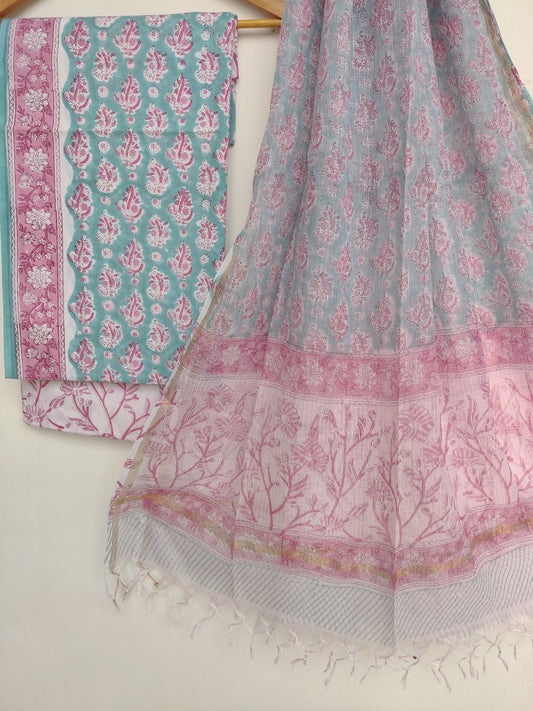 (Copy) Hand Block Printed Cotton Suit with Cotton Kota Doria dupattaa