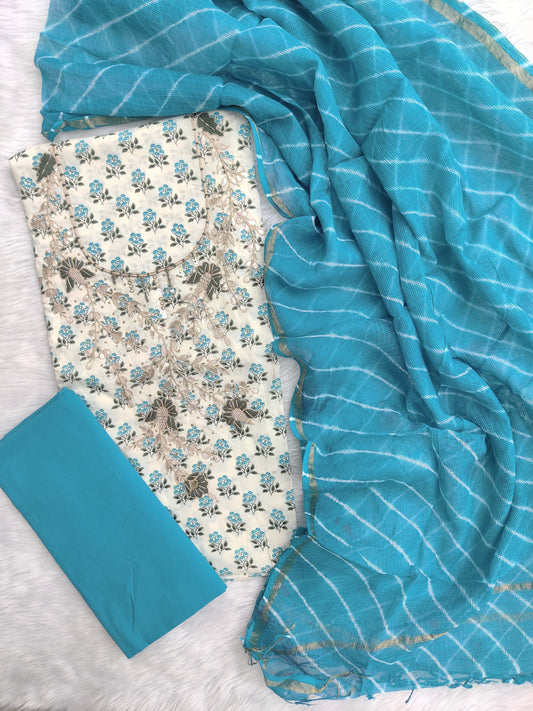 JAIPURI PRINTED GOTA PATTI NECK WORK SUITS WITH LEHRIYA KOTA DORIA DUPATTA