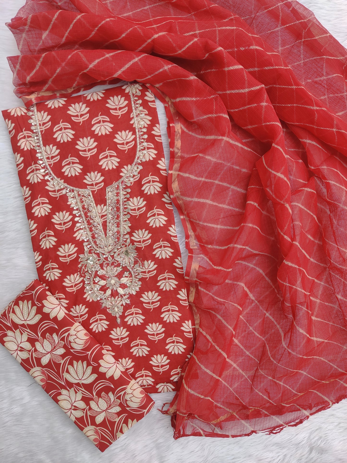 JAIPURI PRINTED GOTA PATTI NECK WORK SUITS WITH LEHRIYA KOTA DORIA DUPATTA