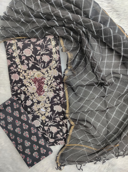 JAIPURI PRINTED GOTA PATTI NECK WORK SUITS WITH LEHRIYA KOTA DORIA DUPATTA