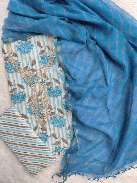 JAIPURI PRINTED GOTA PATTI NECK WORK SUITS WITH LEHRIYA KOTA DORIA DUPATTA