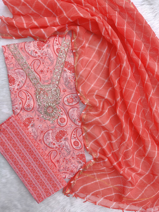 JAIPURI PRINTED GOTA PATTI NECK WORK SUITS WITH LEHRIYA KOTA DORIA DUPATTA