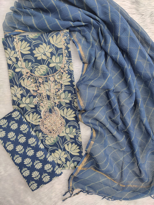 JAIPURI PRINTED GOTA PATTI NECK WORK SUITS WITH LEHRIYA KOTA DORIA DUPATTA