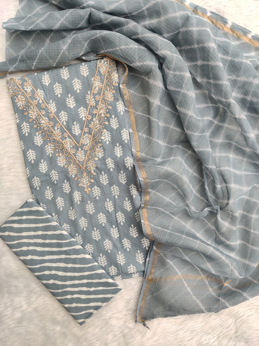 JAIPURI PRINTED GOTA PATTI NECK WORK SUITS WITH LEHRIYA KOTA DORIA DUPATTA