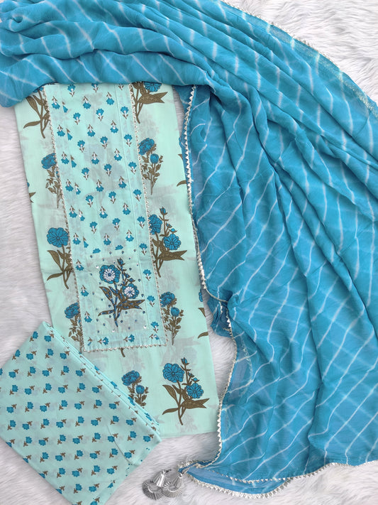 Exclusive Unstitched Cotton Neck Work Suits with Chiffon Dupatta