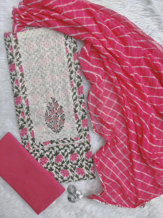 Exclusive Unstitched Cotton Neck Work Suits with Chiffon Dupatta