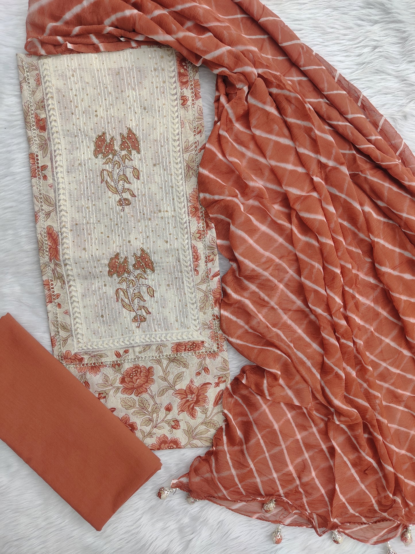 NEW LAUNCH Exclusive Unstitched Cotton Neck Work Suits with Chiffon Dupatta