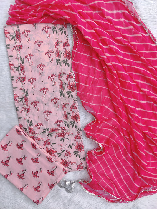 Exclusive Unstitched Cotton Neck Work Suits with Chiffon Dupatta