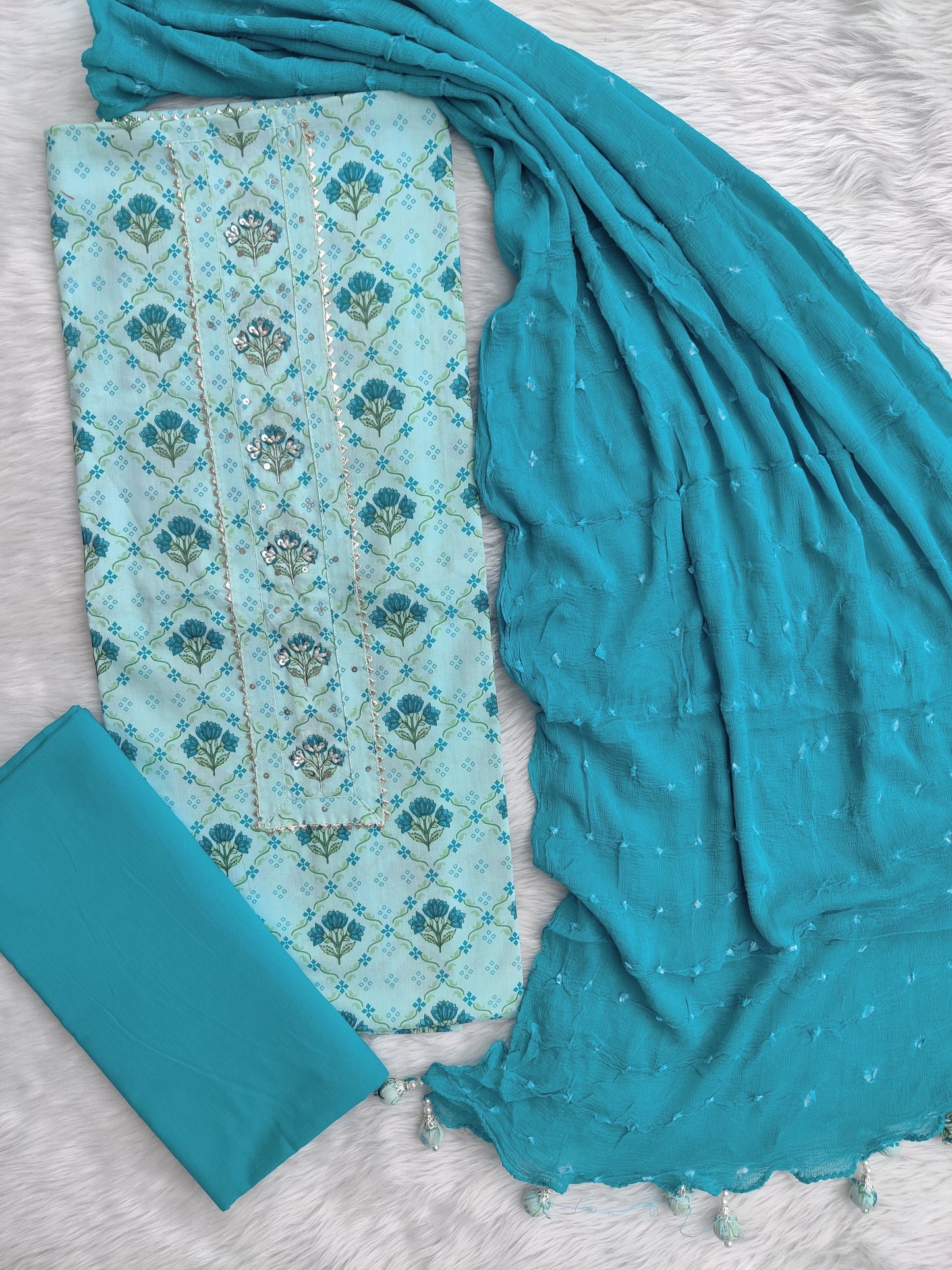NEW LAUNCH Exclusive Unstitched Cotton Neck Work Suits with Chiffon Dupatta