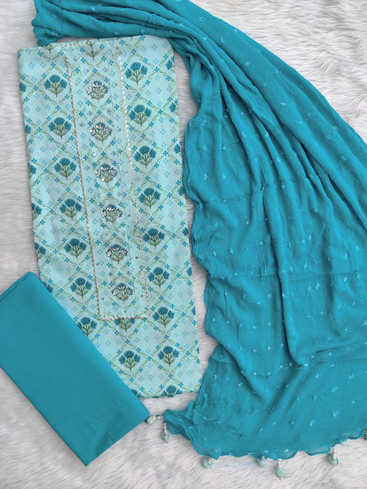 Exclusive Unstitched Cotton Neck Work Suits with Chiffon Dupatta