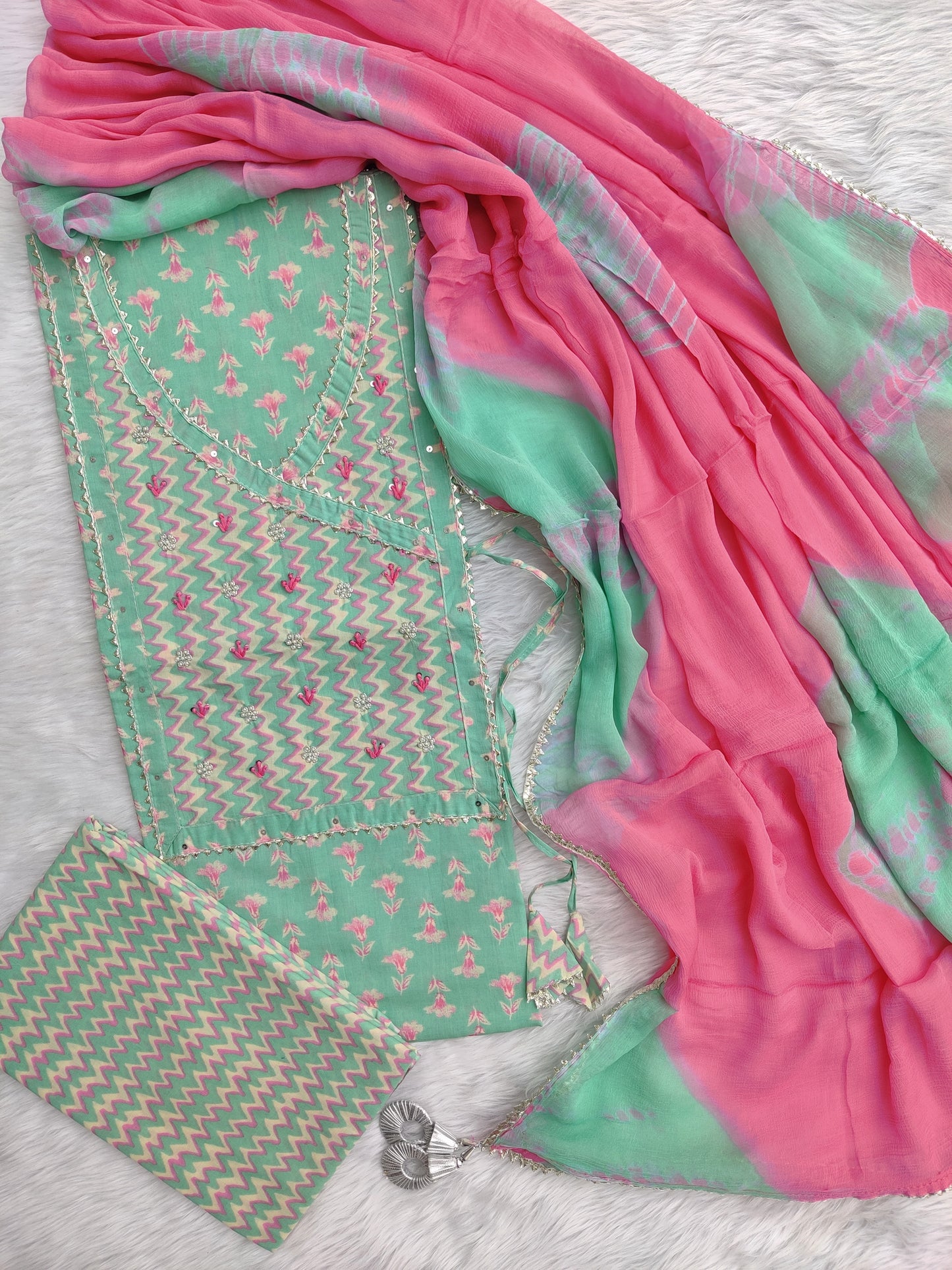 NEW LAUNCH Exclusive Unstitched Cotton Neck Work Suits with Chiffon Dupatta