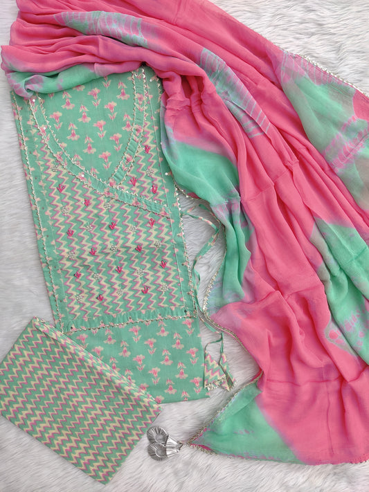 Exclusive Unstitched Cotton Neck Work Suits with Chiffon Dupatta