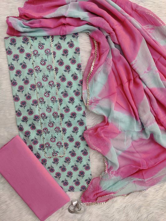 Exclusive Unstitched Cotton Neck Work Suits with Chiffon Dupatta