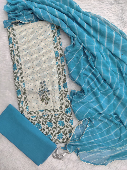 Exclusive Unstitched Cotton Neck Work Suits with Chiffon Dupatta1