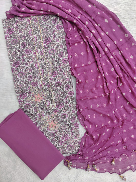 Exclusive Unstitched Cotton Neck Work Suits with Chiffon Dupatta