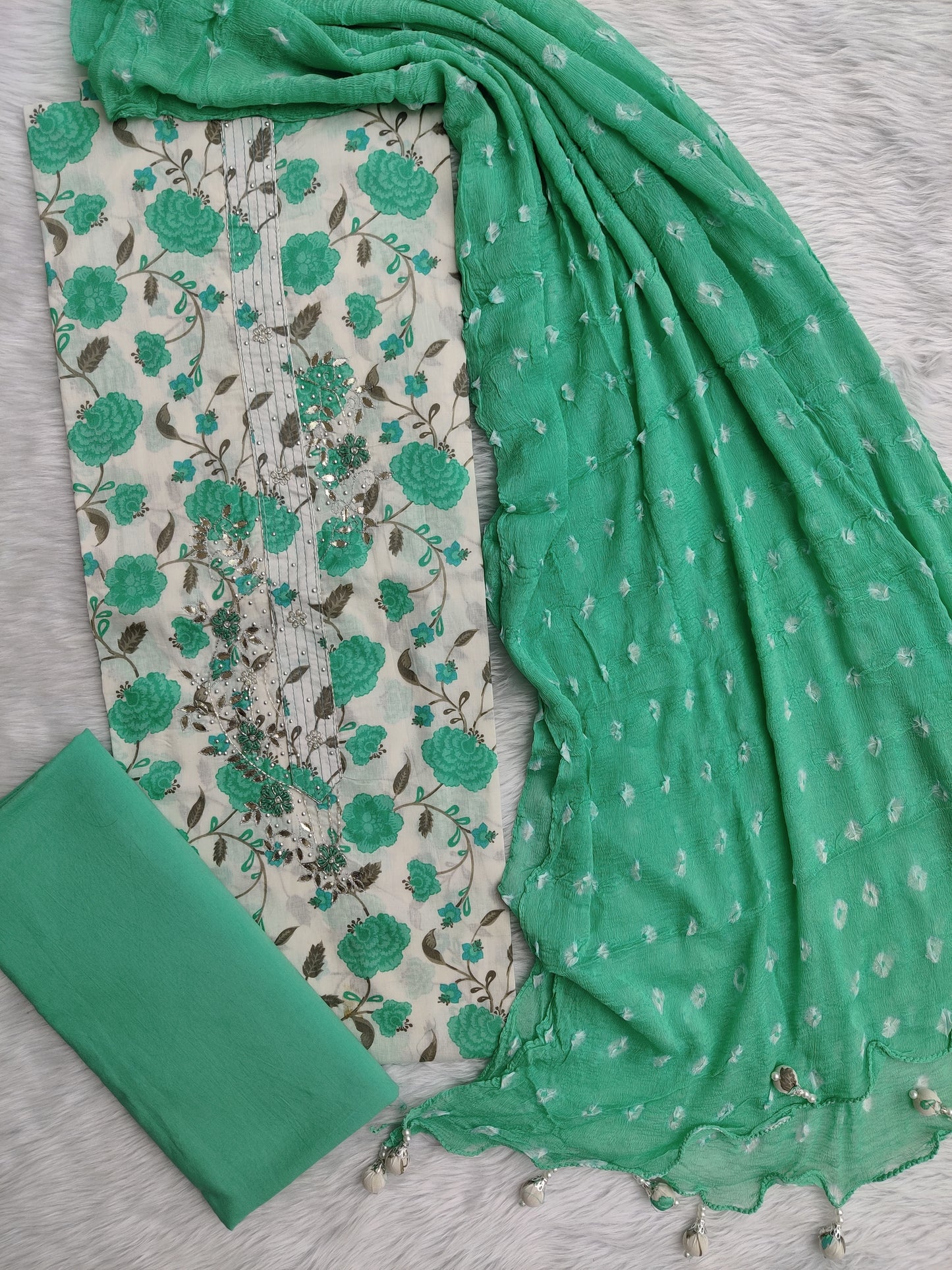 NEW LAUNCH Exclusive Unstitched Cotton Neck Work Suits with Chiffon Dupatta