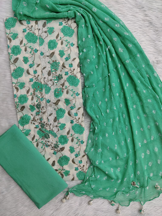 Exclusive Unstitched Cotton Neck Work Suits with Chiffon Dupatta