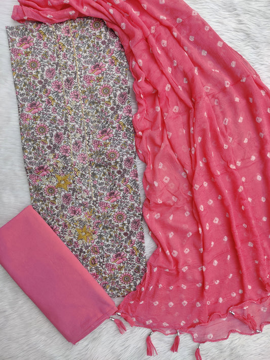 Exclusive Unstitched Cotton Neck Work Suits with Chiffon Dupatta