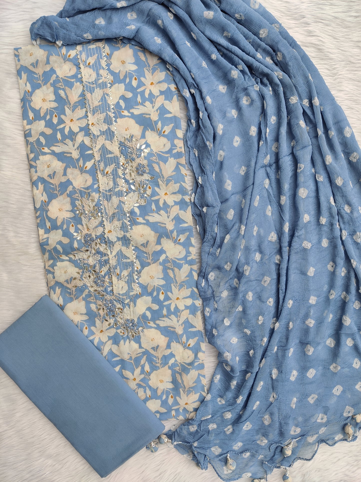 NEW LAUNCH Exclusive Unstitched Cotton Neck Work Suits with Chiffon Dupatta